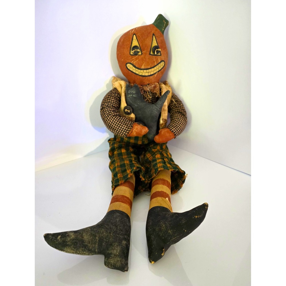 Primitive Halloween Jack-o'-Lantern Pumpkin Head Fabric Rag Doll Figurine 22"
